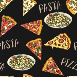 seamless pattern with slices of pizza and pasta