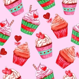 seamless pattern with watercolor cupcakes and hearts on a pink background. hand drawn illustration. fabric and paper design