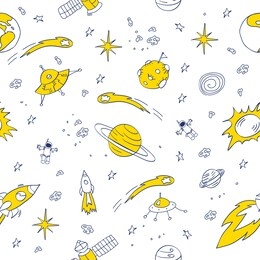 doodle space seamless pattern. dark blue drawings with yellow details isolated on white background. cute vector illustration for baby boy fabric and other children's products.