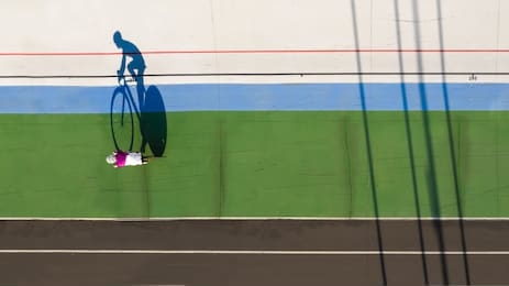 sport cyclist shadow. reach your goal. aerial top view photo. preparation for the competition. champion attitude