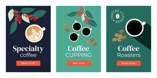 vector illustrations of specialty coffee, cupping, roasters. set of banners with cup of cappuccino, espresso, branches of coffee tree. template for banner, landing page, website, advertisement, blog.