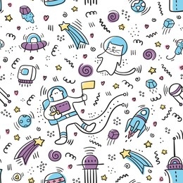 space doodle pattern. pattern of space objects and symbols on white background. planets and ships. astronaut doodle. vector universe texture for textile, wrapping, linen, fabric and other surfaces. 
