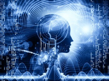 composition of human feature lines and symbolic elements on the subject of human mind, consciousness, imagination, science and creativity