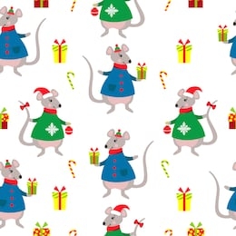 seamless christmas/new year pattern with holiday attributes: rat or mouse with gift, candy, gifts.the symbol of the new year in the chinese calendar. 2020.
