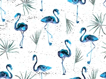 large hipster flamingo blue hawaiian seamless pattern. summer tropical birds watercolor endless print.  minimalistic geometric swimwear background with wild fowls. horizontal tile with flamingos.