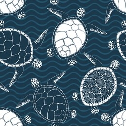 seamless vector marine pattern. white sea turtles on blue wavy background. wallpaper, textile, print design