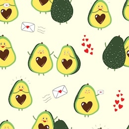 seamless repeat pattern with happy excited avocados in love, giving hugs and sending love letters with little hearts
