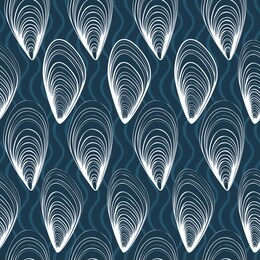 seamless vector marine pattern with mussels. white shells on blue wavy background. wallpaper, textile, print design