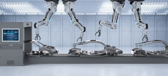 automation aumobile factory concept with 3d rendering robot assembly line in car factory
