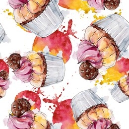 tasty cupcake and dessert in a watercolor style. hand drawning fashion aquarelle. watercolour illustration set. seamless background pattern. fabric wallpaper print texture.