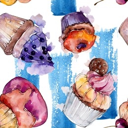tasty cupcake and dessert in a watercolor style. hand drawning fashion aquarelle. watercolour illustration set. seamless background pattern. fabric wallpaper print texture.