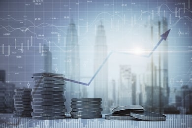 coin piles with forex chart interface and arrow on blurry kuala lumpur city background. money and stats concept. double exposure 