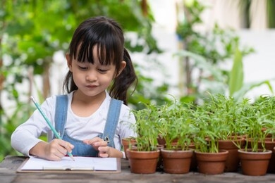 beautiful asian little girl smile while she learning about the plant growing and record by drawing on the paper by herself, concept of kid learning activity for kid development