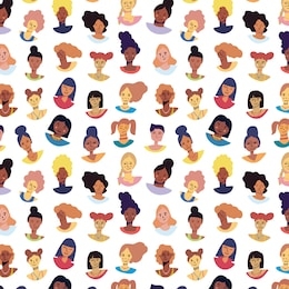 seamless vector pattern with hand drawn cartoon portraits of women of different races 