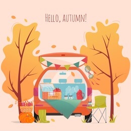 hello autumn flat cartoon vector illustration. family picnic in the forest. road trip and hiking, outdoor adventures by car. autumn holidays.