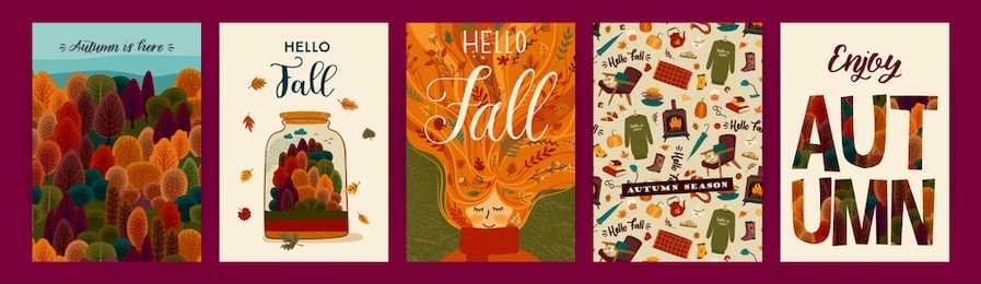 set of cute autumn illustrations. vector templates for card, poster, flyer, cover and other use. trendy retro style