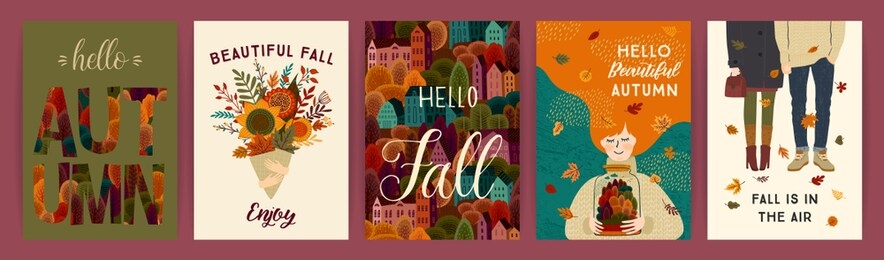set of cute autumn illustrations. vector templates for card, poster, flyer, cover and other use. trendy retro style