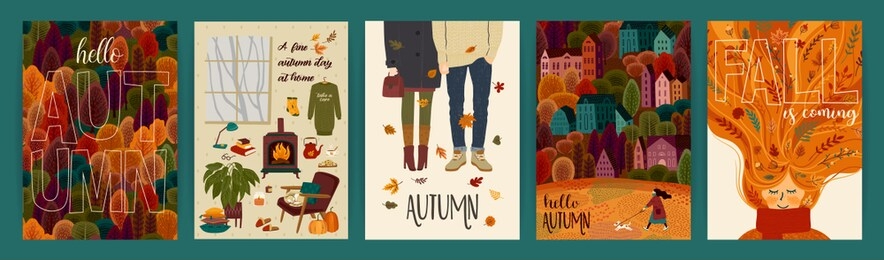 set of cute autumn illustrations. vector templates for card, poster, flyer, cover and other use. trendy retro style
