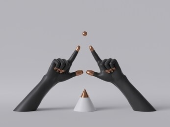 3d render, black decorative female mannequin hands isolated on white background, fingers pointing up, golden ball, body parts, fashion concept, cone shape, esoteric fortuneteller, clean minimal design