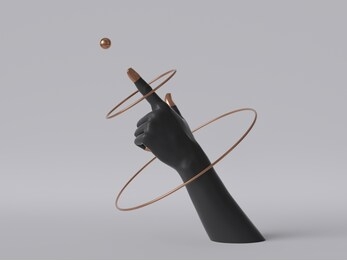 3d render, black decorative female mannequin hand isolated on white background, finger pointing up, spinning golden rings, body part, fashion concept, esoteric fortuneteller, clean minimal design
