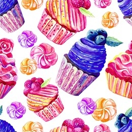 seamless pattern of cakes, cupcakes, marshmallows in watercolor on white background. hand-drawn. illustration of sweets. background for packaging, textiles, wallpaper. confectionery theme