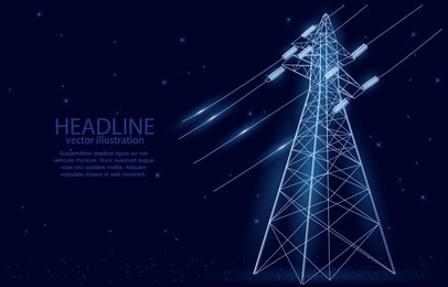 vector illustration concept, high voltage electrical pylon, on a deep blue background with stars, symbol of energy, and electricity.
