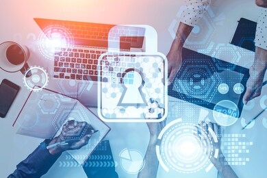 hands of diverse business people working with gadgets with double exposure of online security hud interface. toned image