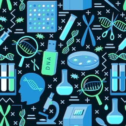 dna research seamless pattern in flat style. scientific repeating background. genetic testing and genome sequencing. medical vector illustration.