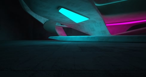 abstract architectural concrete smooth interior of a minimalist house with color gradient neon lighting. 3d illustration and rendering.