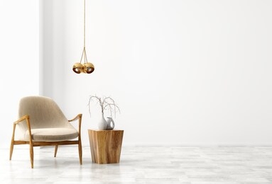 interior background of living room with wooden coffee table, golden lamp and beige armchair against white wall with copy space 3d rendering