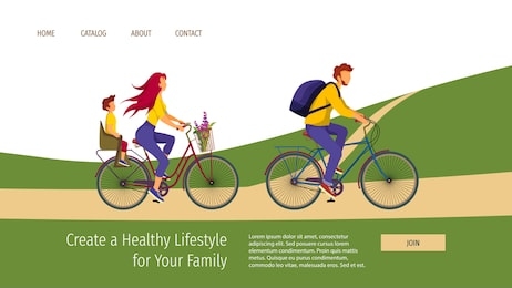 web page template with young family riding a bikes. healthy lifestyle, outdoor, biking, cyclists, friendly family concept. vector illustration can be used in poster, banner and website development.