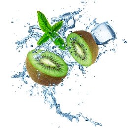 fresh kiwi in water splash. isolated on white background.