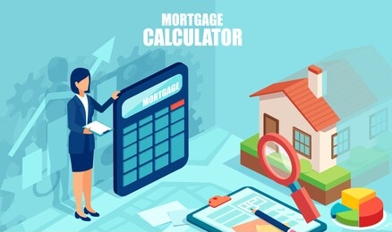 mortgage calculator concept. vector of a business woman banker with calculator on a background of a buyer home 