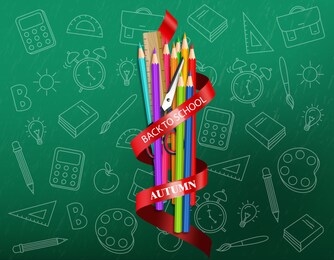 back to school colorful ucrayons supplies vector realistic. sale promotion banner. detailed 3d illustration