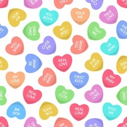 candies seamless hearts pattern. colorful candy, sweets heart for valentine day love writings, sweetheart message. vector sticker pop teen wedding confetti texture