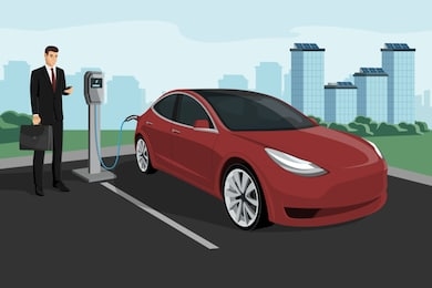 man charges an electric car at a charging station. vector illustration eps 10
