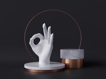 3d rendering of white hand, okay sign gesture, marble pedestal isolated on black background, good quality concept, gold round frame, blank cylinder podium, simple clean design, luxury minimal mockup