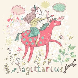 cute zodiac sign - sagittarius. vector illustration. little girl riding on pink horse and shooting arrows. background with flowers and clouds. doodle hand-drawn style