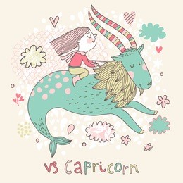 cute zodiac sign - capricorn. vector illustration. little girl riding on the big blue ibex in the sky with clouds. doodle hand-drawn style