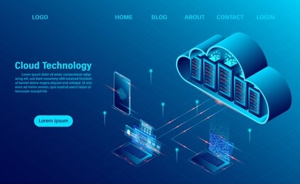cloud computing concept. online computing technology. big data flow processing concept, 3d servers and datacenter. isometric flat design. vector illustration.