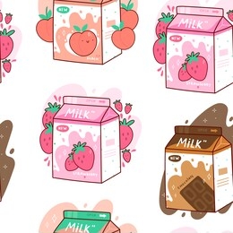 three cartons of milk. three various tastes. chocolate, strawberry and peach. asian product. hand drawn colored trendy vector seamless pattern. kawaii anime design. cartoon style