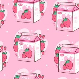 carton of tasty strawberry milk. japanese style packaging design. asian product. hand drawn colored trendy vector illustration. kawaii anime design. cartoon style. seamless pattern