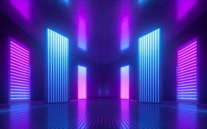 3d render, blue pink violet neon abstract background, ultraviolet light, night club empty room interior, tunnel or corridor, glowing panels, fashion podium, performance stage decorations,