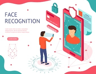 face recognition concept 3d isometric view include of sensor, smartphone, man, lock and credit card. vector illustration