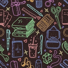 vector fashion illustration. back to school, set, various school supplies, handmade, print on t-shirt, stickers, dark background, seamless pattern