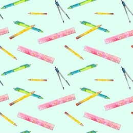 watercolor seamless pattern with school stationery, drawing template with of art supplies, hand drawn illustration