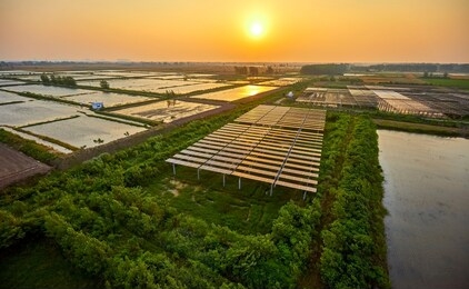 outdoor large-area solar photovoltaic base under aerial sunlight