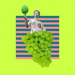 contemporary art collage. sculpture renaissance and fruits.  fun art