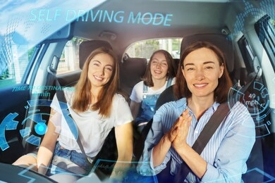 car and family without a wheel, self driving mode