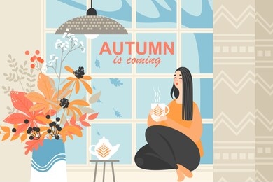 cute girl sitting near the window and drinking tea on an autumn day. autumn bouquet of red and orange leaves and dried flowers. vector image for banners and flyers design with cartoon character